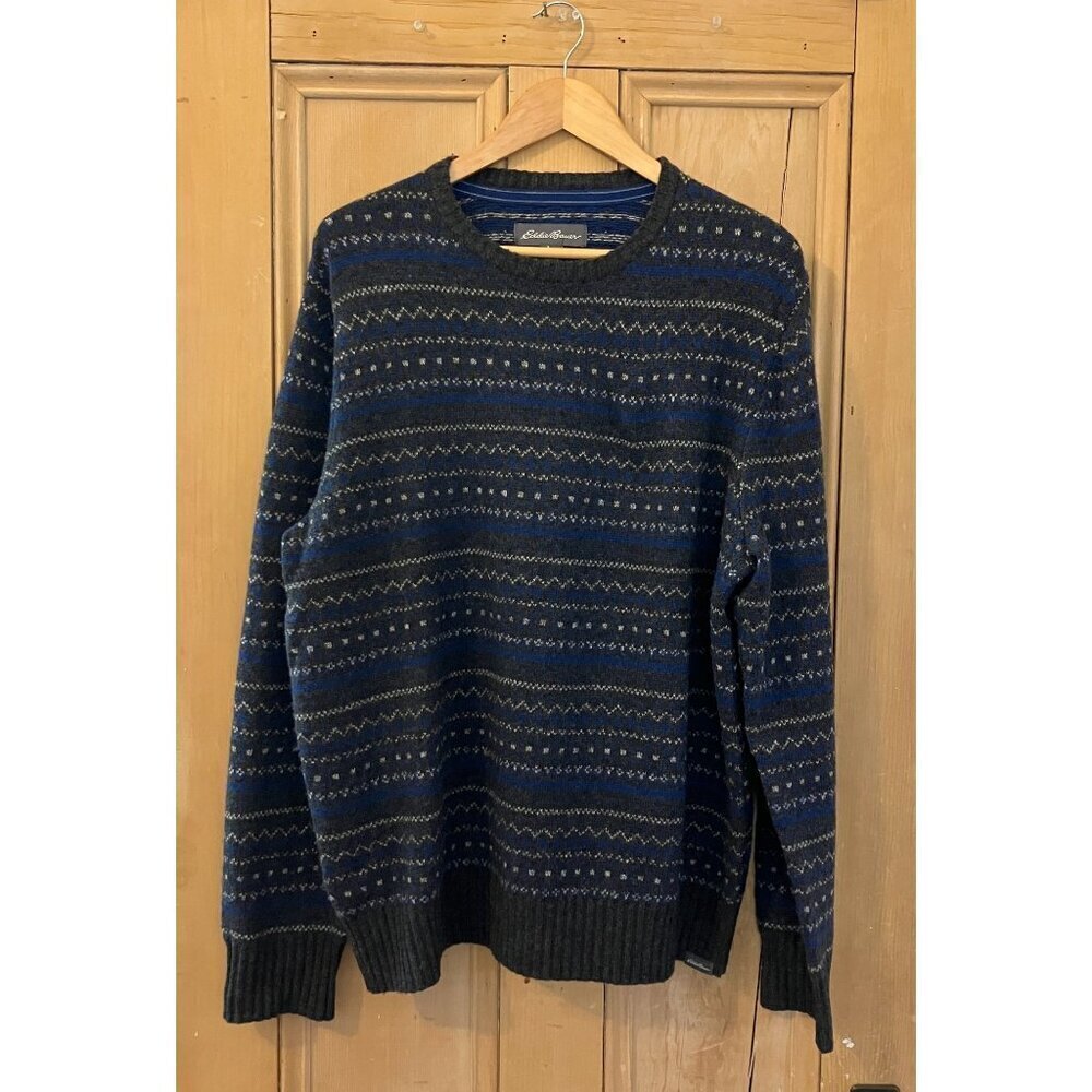 Eddie Bauer Mens Vintage Y2K Fair Isle Nordic Wool Sweater Sz. Large Blue FA EXC - Picture 2 of 11